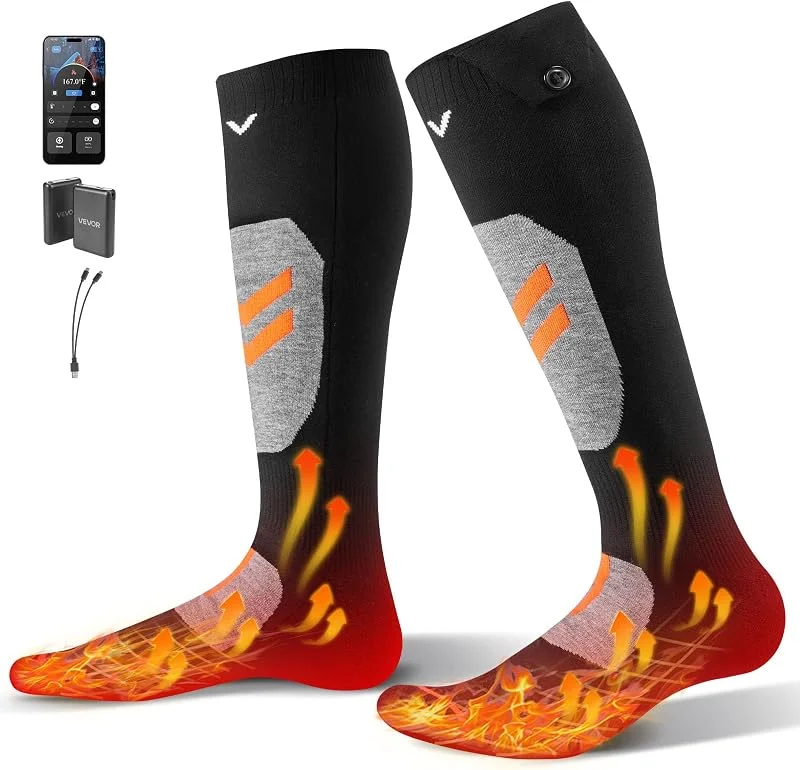 VEVOR Beheizte Socken, 5000 mAh Akku, wiederaufladbare Heizsocken mit 4 Heizstufen, elektrisch beheizte Socke mit App-Steuerung für Männer und Frauen, Fußwärmer für Jagd, Reiten, Camping, Wandern — Heizkleidung
