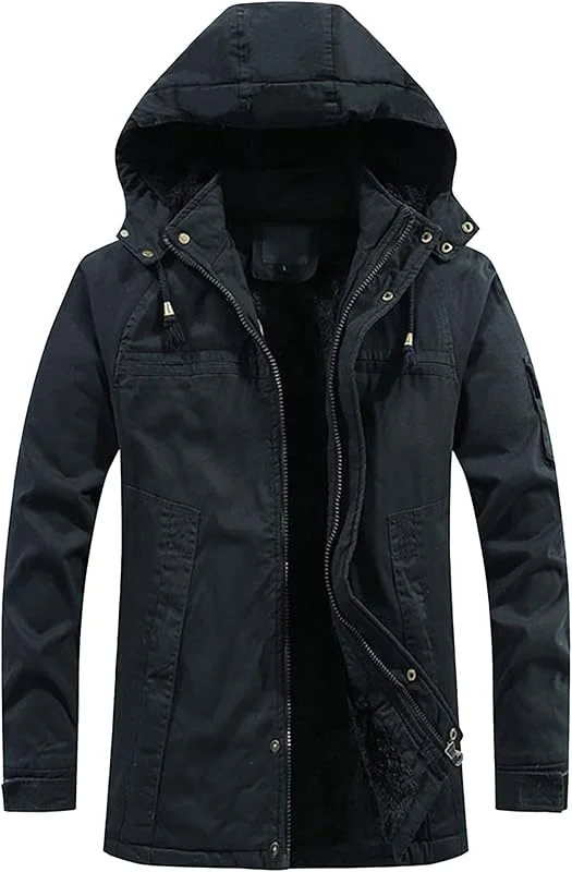 Baumwoll-Militärjacke mit Kapuze, Herrenwäsche Mit Fleece gefütterte Anorak-Jacke mit abnehmbarer Kapuze Winddichte Cargo-Jacke — Heizkleidung
