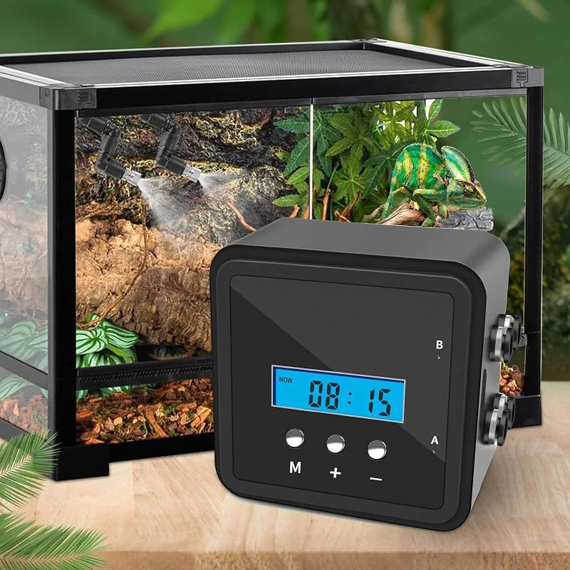 Reptilien-Nebelsystem mit Timer & Doppelpumpe, 360° verstellbare Düsen für Terrarien, Paludarien & Pflanzen — Luftbefeuchter