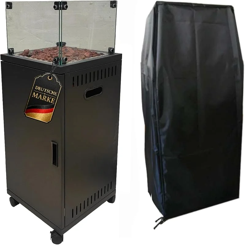 APANA Gas Heizstrahler FUEGO 8kW – Terrassenfeuer mit Sichtfenster & Rollen – Heizpilz für Garten, Balkon & Terrasse – inkl. Abdeckhaube, Umkippsicherung & Abschaltautomatik – schwarz — Heizung Warmepumpe