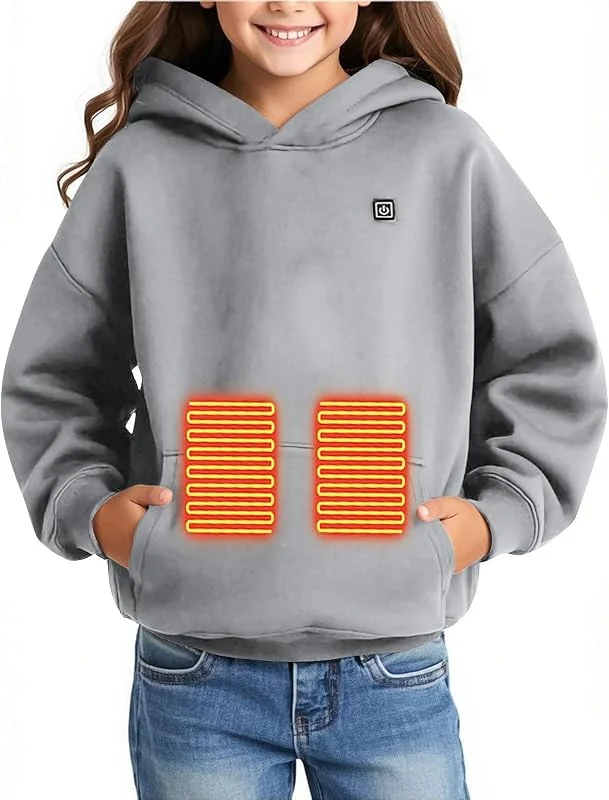 Beheizte Hoodies Kinder Beheizbare Fleece Hoodie Jungen Mädchen Winter Waschbarer Warm Elektrisches Sweatshirt mit USB-Anschluss 3 Temperaturstufen Outdoor Camping Wandern Winddichte Heiz Sweatshirt — Heizkleidung