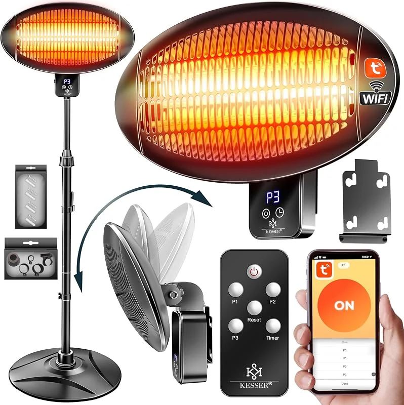 KESSER® Infrarot Heizstrahler 2000W Terrassenstrahler mit WIFI & Fernbedienung 360° drehbar, höhenverstellbar, Stand- & Wandmontage Kippschutz, IPX4 spritzwassergeschützt Wärmestrahler Balkon & Garten — Heizung Warmepumpe