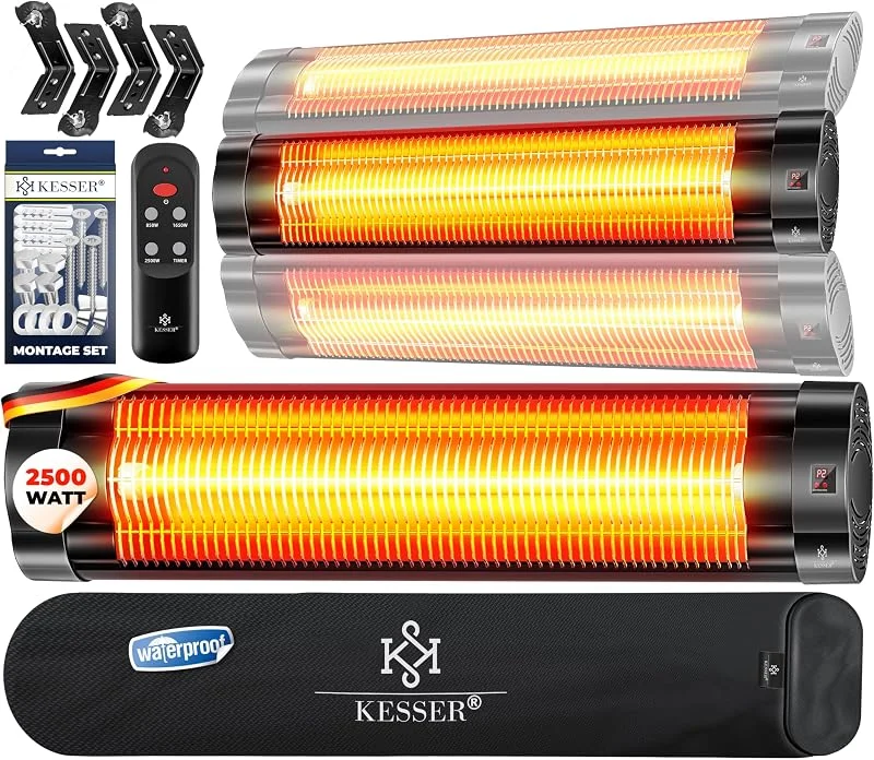 KESSER® Infrarotstrahler 2500W Infrarot Heizstrahler mit Fernbedienung, 3 Stufen, Instant-Heat, Wandhalterung, Terrassenstrahler, Quarzstrahler, Terrassenheizer, inkl. Schutzhülle, Timer, Schwarz — Heizung Warmepumpe