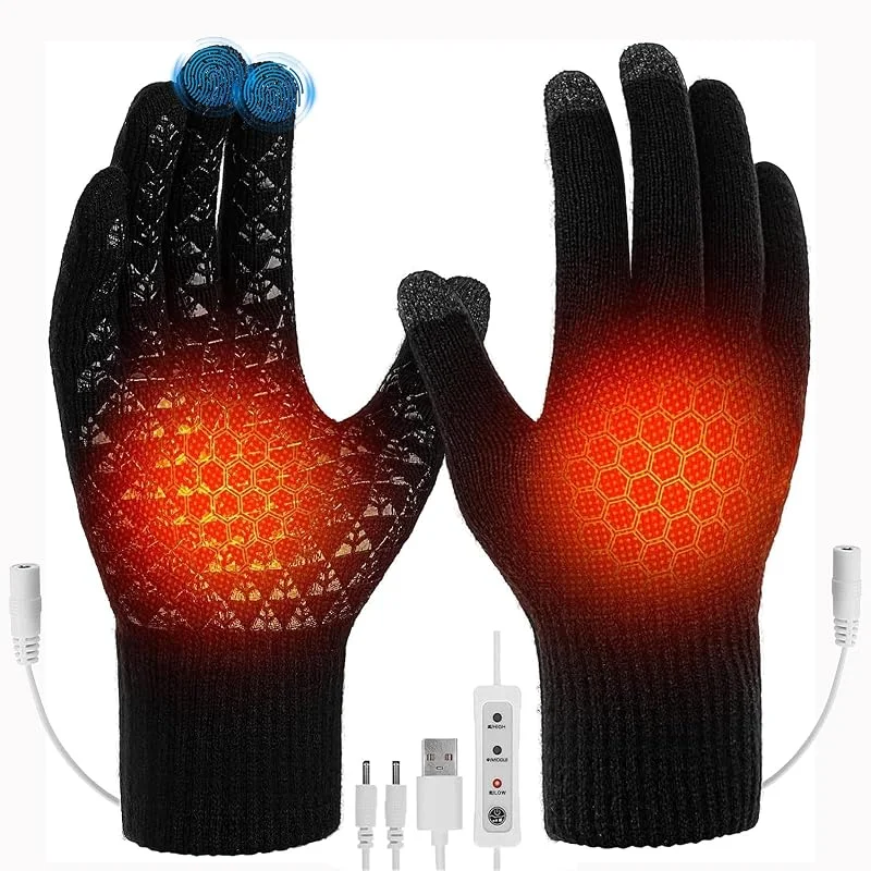 USB Beheizte Handschuhe für Männer Frauen, Vollfinger Elektrische Beheizte Handschuhe 3 Stufen Einstellbare Temperatur Thermische Heizung Fäustlinge, Doppelseitige Heizung Gestrickte — Heizkleidung