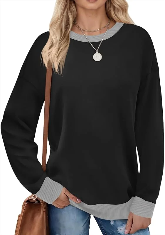 Fisoew Damen Sweatshirt Farbblock Rundhals Langarm Pullover Basic Oberteile — Heizkleidung