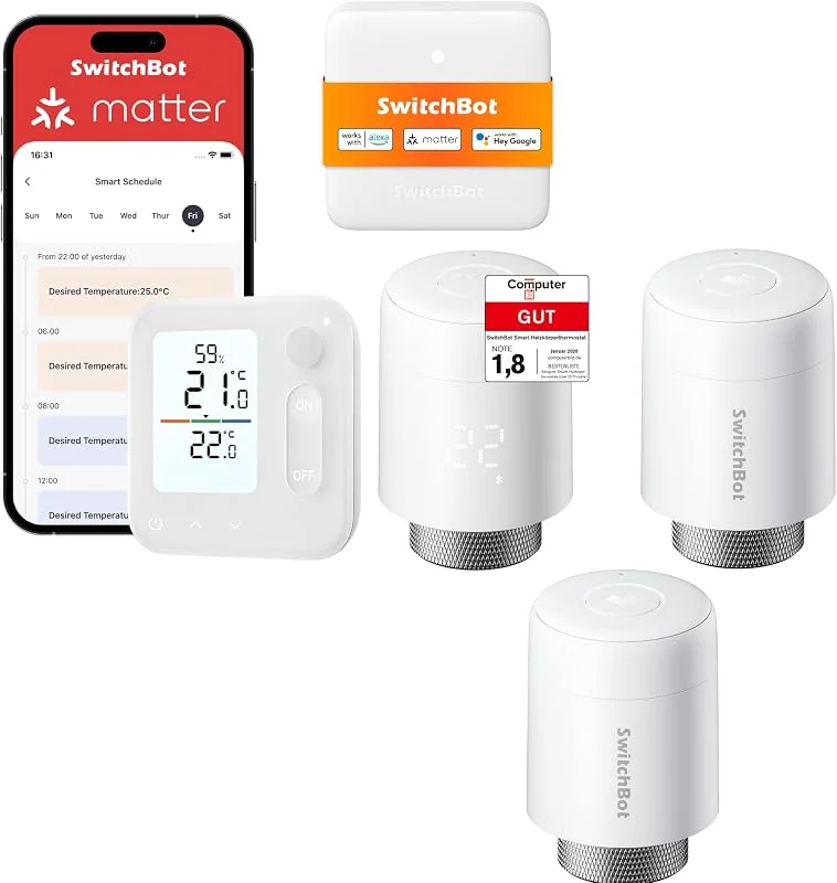 SwitchBot Smart Heizkörperthermostat 2er-Pack Matter Panel Combo – App- und Zeit-Steuerung, Energieseinsparung, einfache Installation, kompatibel mit Alexa, Apple Home und Home Assistant — Heizung Warmepumpe