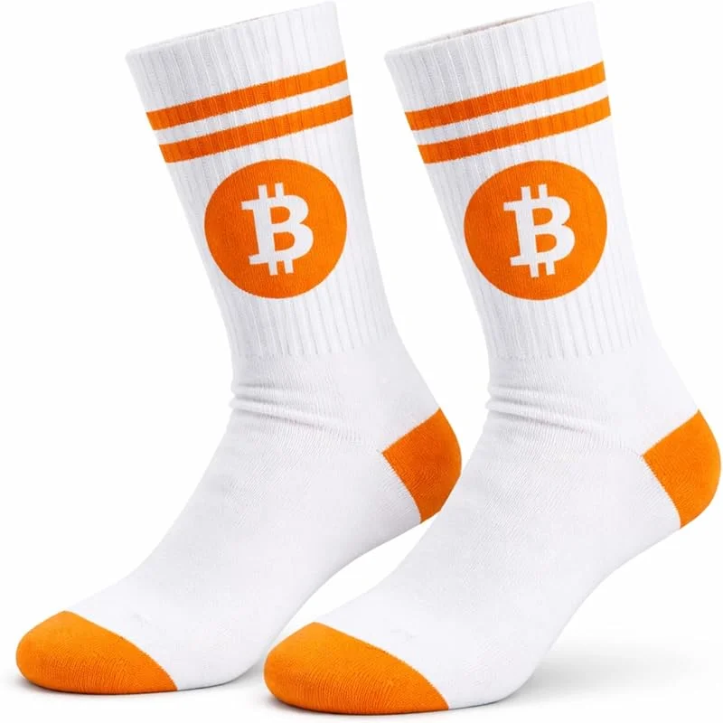 INVIDA Bitcoin Socken BTC Krypto Sportsocken Herren Damen Unisex, Baumwolle, Bitcoin Logo, Halvingformel auf Sohle, Crypto Merch, Geschenk für Bitcoin Fans — Heizkleidung