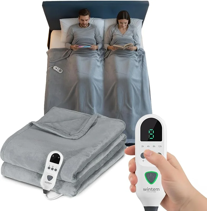 Wintem - Elektrische Doppelbettdecke Fluffy 160 x 120 cm für Doppelbett und Sofa aus Flanell mit 8 Temperaturstufen, Timer 9H und abnehmbarer digitaler Fernbedienung für einstellbare Wärme — Heizung Warmepumpe