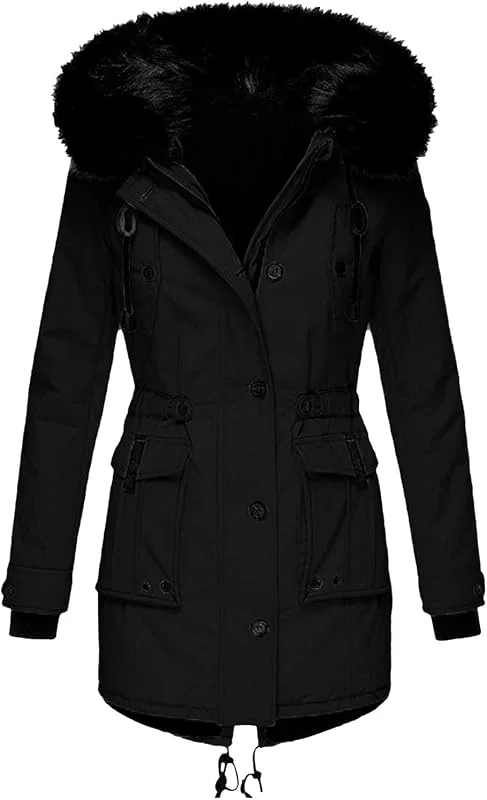 Winterjacke Damen Lang mit Fell Kapuze Warme Kunstpelz Gefüttert Winter Jacke Mantel Parka Wintermantel Dicker Winterparka Daunenjacke Trenchcoat Pelzmantel Große Größen Baumwolljacke Damenjacken — Heizkleidung