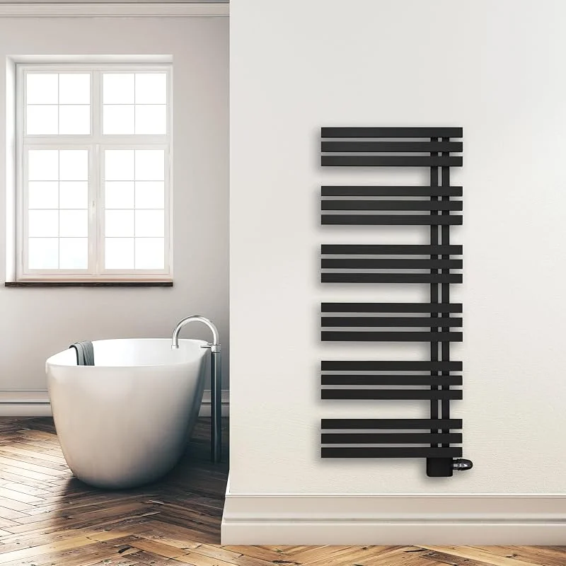 Design Badheizkörper Paneel mit Anschluss links oder rechts, Heizkörper mit versetztem Mittelanschluss (Schwarz, 1400 x 600 mm) — Heizung Warmepumpe
