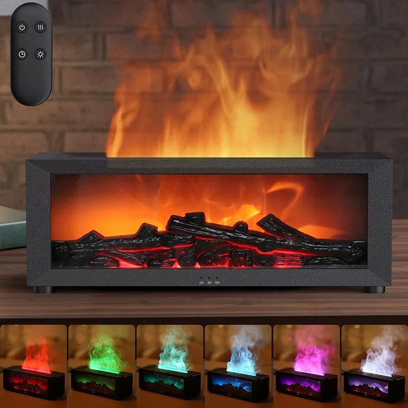 Aroma Diffuser mit LED Kamin - 150ml Luftbefeuchter & Duftöl Diffusor, 7-Farben-Flammeneffekt, Fernbedienung, 4 Timer, Wasserlose Abschaltautomatik