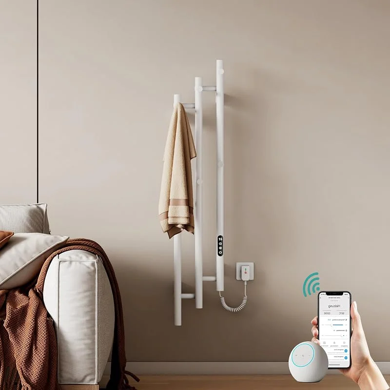EMKE Elektrischer Handtuchheizkörper 1150x216 mm, Design Handtuchtrockner mit 6 Haken, Badheizkörper mit WiFi-App-Steuerung, 220 Watt, IP45, Weiß — Heizung Warmepumpe