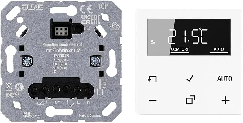 JUNG Home Raumthermostat-Set mit 1790RTR Raumtemperaturregler-Einsatz mit Fühleranschluss + BTA1791WW Raumthermostat-Display Glas Alpinweiß Serie A — Heizung Warmepumpe