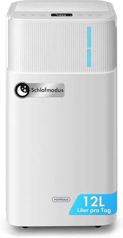 VonHaus Luftentfeuchter Elektrisch, 12L, 24H, Entfeuchter für Keller, Raumentfeuchter Elektrisch 39dB für Räume bis zu 125m³, 20m², mit Schlafmodus, Timer & Ablaufschlauch - Gegen Nässe und Schimmel — Luftbefeuchter