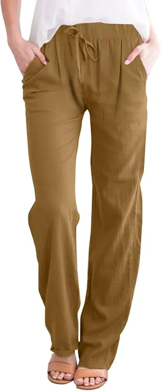 YUE Hose Damen Sommer Casual Baumwolle Leinen Stoffhose Frauen Straight Weite Beine Hose Elastisch Hohe Taille Freizeithose Bequeme Sporthose Luftige Sommerhosen Streetwear für Mädchen — Heizkleidung