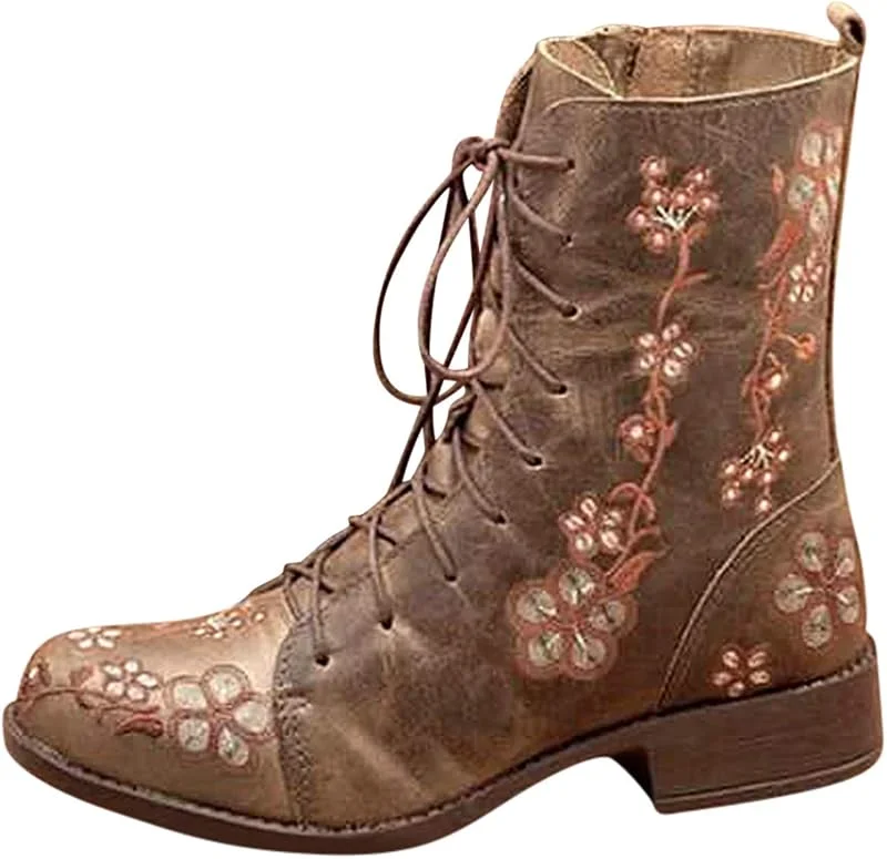 Damen Ritterstiefel Vintage Blume Stickerei Blockabsatz Lange Stiefeletten Reißverschluss Schnürhalbschuhe — Heizkleidung