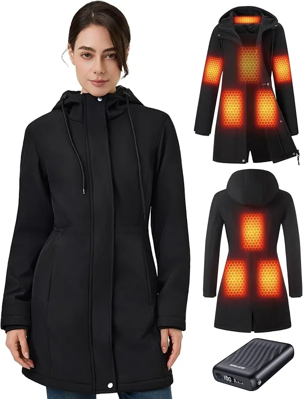 Beheizbare Jacke Damen mit Akku 12V 18400mAh, 8 Heizzonen Langer Heizjacke — Heizkleidung