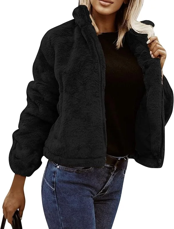 Teddyjacke Damen Kurz Ohne Kapuze Winterjacke Warm Gefüttert Teddy — Heizkleidung