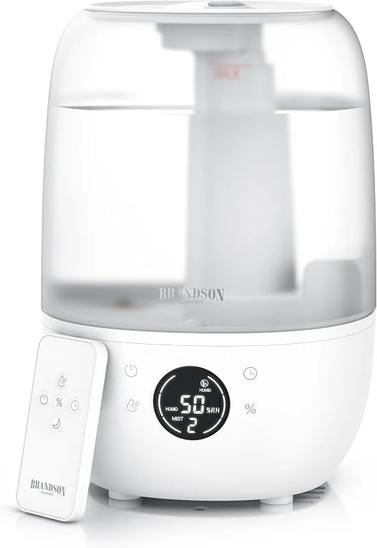 Brandson - Luftbefeuchter digital mit Display – 2000 ml Volumen – mit Fernbedienung – 3 Nebelstufen – Timer – sehr leise - Schlafzimmer Baby Kinderzimmer Büro – weiß-transparentes Design