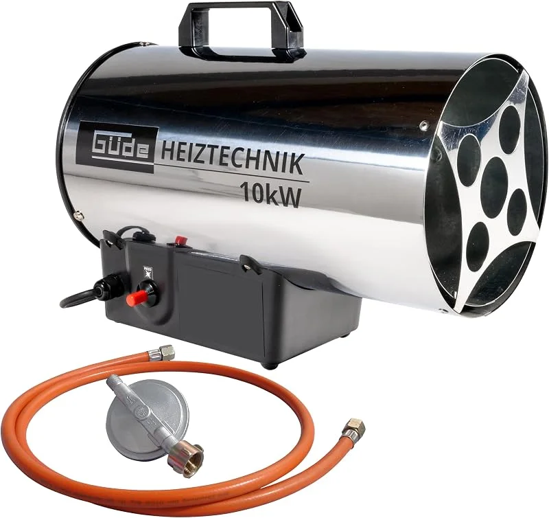 Güde Gasheizgebläse GGH 10 INOX (220-240 V, 10000 W Heizleistung, 500 m³, h Gebläseleistung, Piezozündung, Brenner und Gehäuse aus hochwertigem Edelstahl, 300mbar Druckminderer, 1, 5 m Gasschlauch) — Heizung Warmepumpe