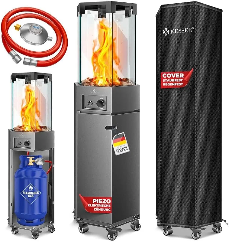 KESSER® Gasheizstrahler 4, 8 kW Gas Piezozündung Heizung + Gasdruckregler + Cover, 360° Rollen Kippschutz, Terrassenheizstrahler Gasheizung Gasheizer Outdoor Kamin Mobiler Heizpilz, Heizer, Anthrazit — Heizung Warmepumpe