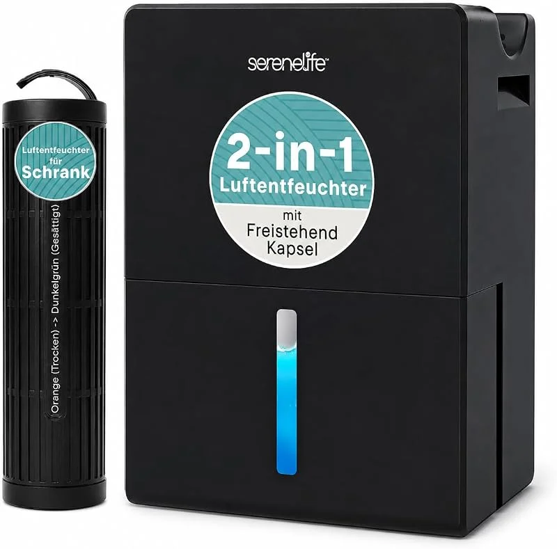 SereneLife Luftentfeuchter 2, 5 L Leise Schwarz – 2-in-1 Raumentfeuchter für Schlafzimmer, Bad & Keller mit Wiederverwendbarem Entfeuchtungszylinder, Schlafmodus & Timer — Luftbefeuchter