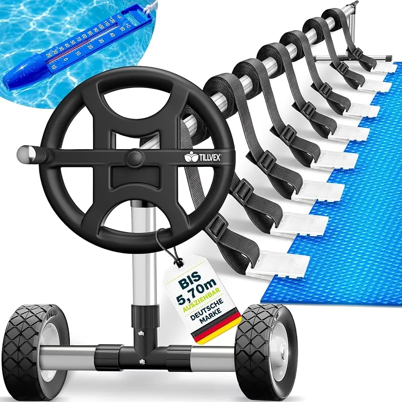 tillvex® Pool Aufroller Premium 3-5, 70m inkl. Vollgummireifen & Thermometer — Heizung Warmepumpe
