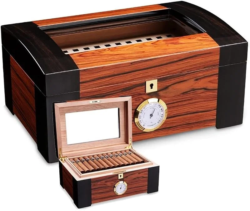 Zigarren Humidor, Zedernholz Desktop Box mit Hygrometer und Luftbefeuchter, Transparente Glasabdeckung, Sicherheitsschloss, Hält bis zu 100 Zigarren