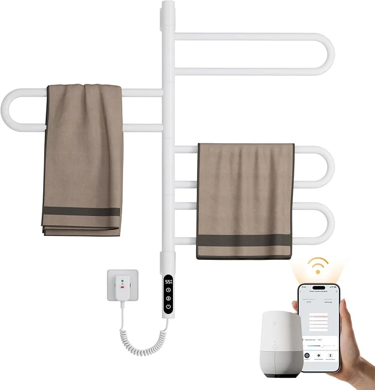 EMKE Badheizkörper Elektrisch 780 x 430 mm, 180° Drehung Handtuchheizkörper Elektrisch, Intelligenter Handtuchtrockner Elektrisch Heizkörper Bad Badheizkörper Handtuchhalter Weiß 130W — Heizung Warmepumpe