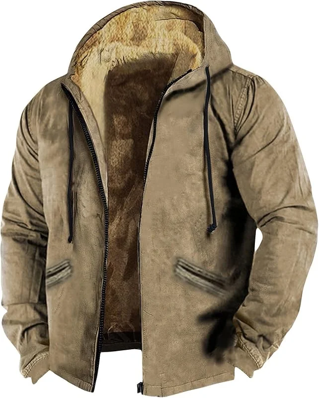 Herren Lässige Mode Schwergewicht Warme Kapuzenjacke Fleece Reißverschluss Dicke Winddichte Outdoorjacke 2025 Trend Sommer und Frühling Warm Gefütterter Jacke — Heizkleidung