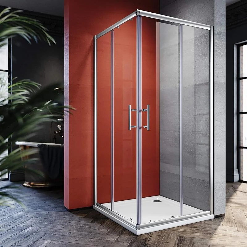 SONNI Duschkabine Eckeinstieg 90x90x195cm, Schiebetüren, 5mm ESG, Silber — Heizung Warmepumpe