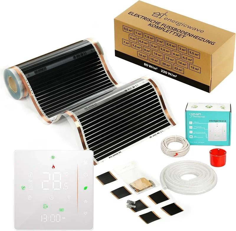 Elektrische Fußbodenheizung 80W, m² - Infrarot Heizfolie komplett mit WLAN Thermostat, Heizung 230V unter Parkett, Unterbodenplatten - 5, 5m² — Heizung Warmepumpe