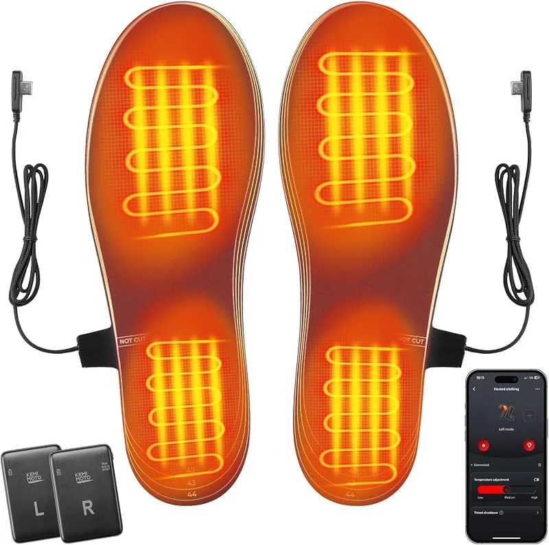 KEMIMOTO Beheizbare Einlegesohlen mit APP Steuerung, Beheizte Einlegesohlen mit 5000 mAh Akku, Wiederaufladbare Heizsohlen Herren Damen, Thermosohlen für Ski, Jagd, Wandern, Camping — Heizkleidung