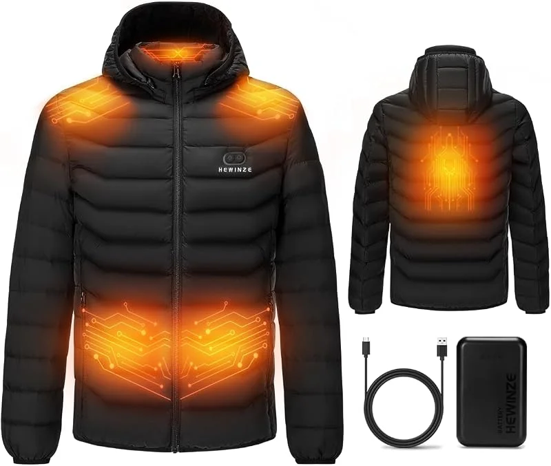 HEWINZE Beheizbare Jacke Herren mit kapuze, Warme Pufferjacke Herren mit akku 7.4V, Doppelschaltersteuerung Winterjacke für Outdoor Wandern Jagd Motorrad Camping. — Heizkleidung