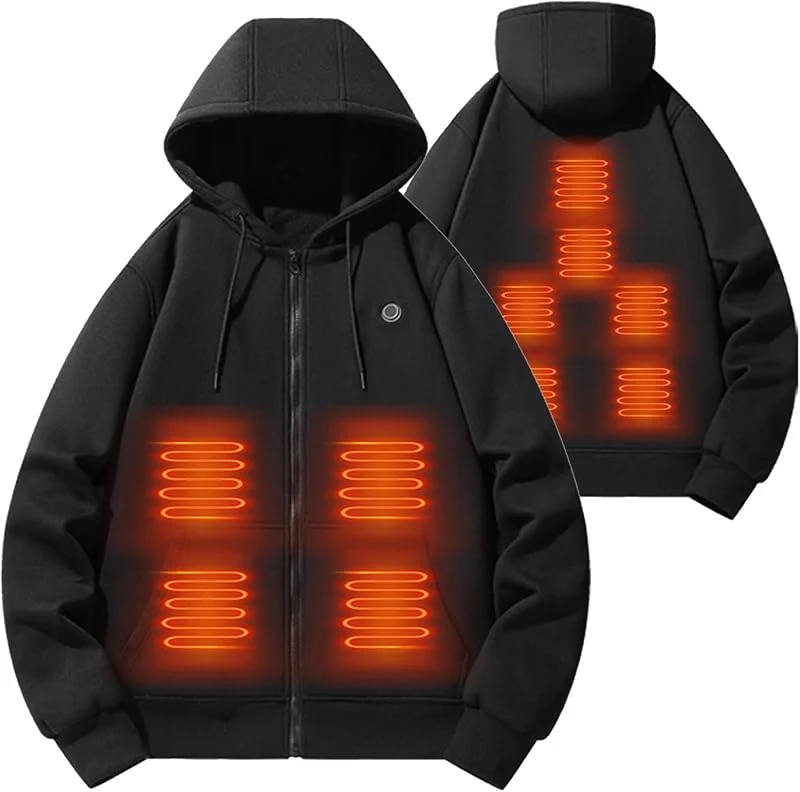 UHouse Beheizte Sweatjacke Herren Gefüttert Winter Beheizbare Sweatshirt Jacke Beheizbarer Hoodie Zipper mit 10 Heizzonen USB Heizjacke Outdoor Kapuzenpullover mit Reißverschluss Wärme Kapuzenjacke — Heizkleidung