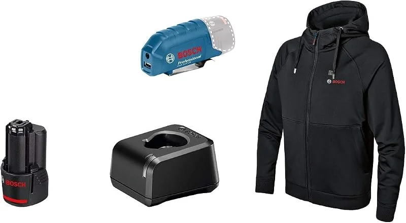 Bosch Professional Beheizbare Sweatjacke GHH 12+18V XA (inkl. USB-Ladeadapter GAA 12V-21 und GBA 12V 2.0Ah Akku und Ladegerät GAL 12V-20) - Größe L — Heizkleidung