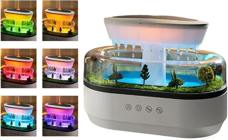 Humidifier Diffusor, Regentropfen Luftbefeuchter, Aroma mit 7 Farben Nachtlicht, Aroma Diffuser für Mikrolandschaften, Weißes Rauschen Sound mit Wassertropfen, für Schlafzimmern
