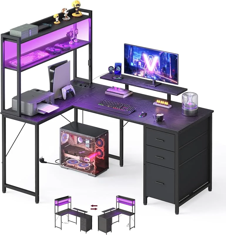 VASAGLE Gaming Tisch L Form, mit Steckdosen und LED, 140x100x150 cm — Luftbefeuchter