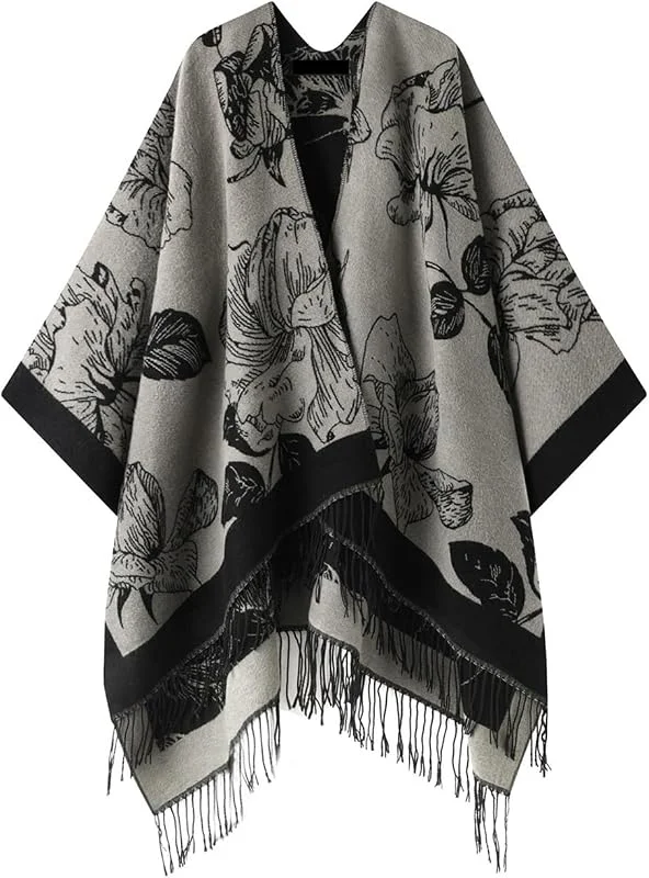Schal Damen Poncho mit offener Vorderseite, gestrickt, kariert, Schal, Wickelumhang, Quaste, Strickjacke — Heizkleidung