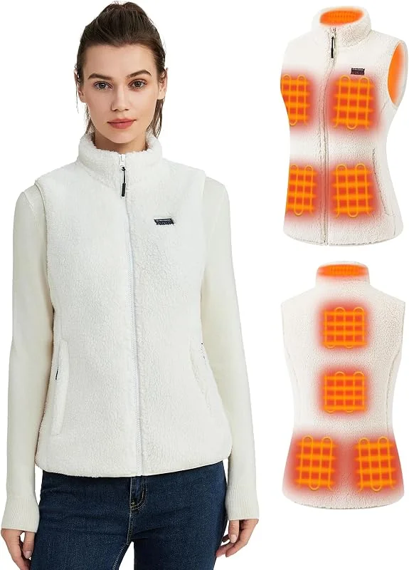 Flauschige Heizweste Damen mit 16000mAh 7.4V Powerbank inklusive, Sherpa Beheizte Weste Damen, Elektrische Fleece Wärmeweste für Outdoor-Ski — Heizkleidung