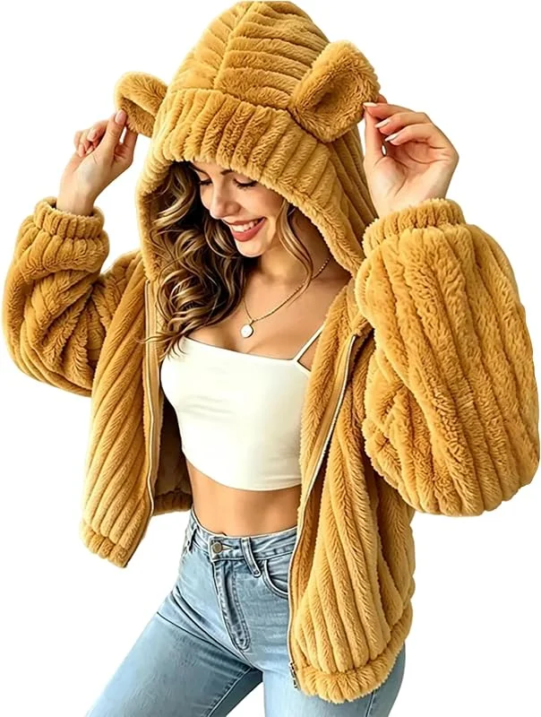 Ansenesna Teddyjacke Damen Mit Kapuze Kurz Winterjacke Warm Gefüttert — Heizkleidung