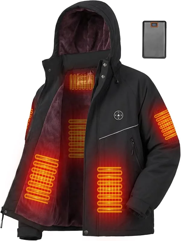 Heizjacke Herren mit Fleecefutter, Beheizte Jacke Herren mit 7.4V Akku, 6 Heizzonen & 3 Temperaturstufen, Wasserdichte Winddichte Winterjacke, Heizjacke Herren für Skifahren, Camping — Heizkleidung