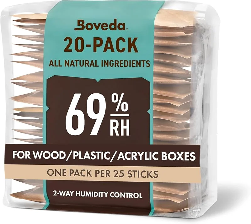 Boveda für Zigarren, Tabak, 2-Wege-Feuchtigkeitsregulierung mit 69 % relativer Feuchtigkeit, Größe 60 zur Verwendung für jeweils 25 Zigarren im Humidor, patentierte Technologie für Zigarren-Humidore, wiederverschließbare Verpackung mit 20 Stück — Hautpflege