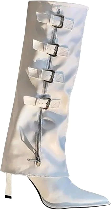 Generisch Damen Stiletto High Heel Knielange Stiefel mit Ärmeln Spitze Zehenpartie Western lange Stiefeletten mit Schnallenriemen — Heizkleidung