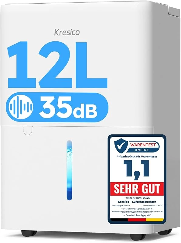 Kresico xWolei Luftentfeuchter elektrisch 12L, 24h, Entfeuchter elektrisch 35dB, Raumentfeuchter für Räume ca. 122m³, 25m², mit Ablaufschlauch, Timer, Filter, auto Abtauen, Kältemittel R290, 10 J. Gar. — Luftbefeuchter