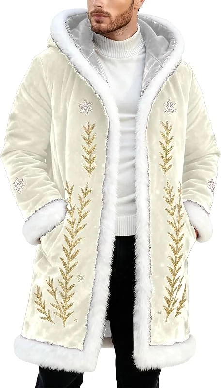 Winterlicher Cardigan mit bedruckten Kanten an der Vorderseite, offener Vorderseite und Cape-Elementen, ideal als Pullover-Layering. — Heizkleidung