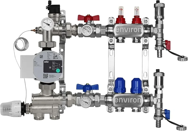 ENVIRON- Heizkreisverteiler [2-12 Heizkreise] mit Festwertregelset, Kugelhahn Set und Schnellentlüfter Set, Hocheffizienzpumpe (Wilo Para 25, 6, 2 Heizkreise) — Heizung Warmepumpe