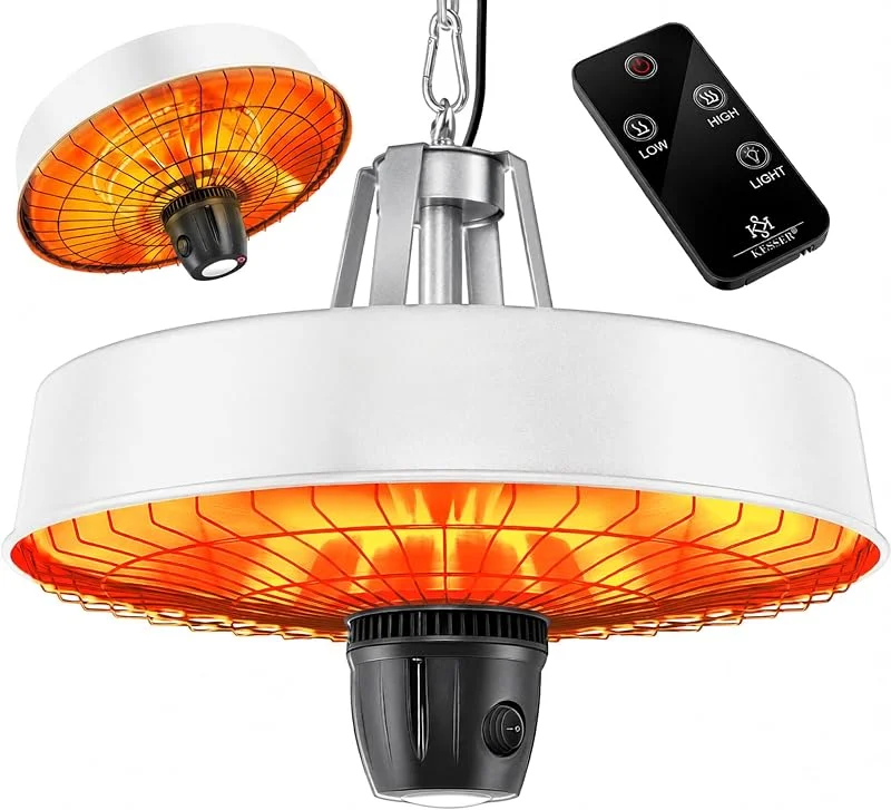 KESSER® Deckenheizstrahler Heizpilz Infrarot-Heizstrahler 2500W Terrassenstrahler mit Fernbedienung Quarzstrahler, LED Licht, Decke, Infrarotstrahler, mit Kette + Karabinerhaken Carbon-Heizelement — Heizung Warmepumpe