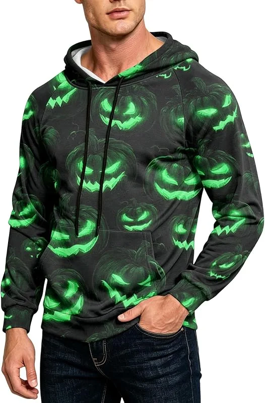 Herren Halloween Fake Two Piece Kapuzenpullover Kürbis 3D Print Hoodie Kängurutasche Kordelzug Gruselig Langarm Sweatshirt Übergangsjacke. — Heizkleidung