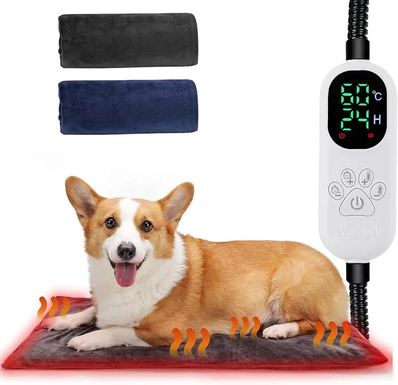 Angelpet Haustier Heizkissen L 70x45cm – Heizdecke für Hunde & Katzen, 30–60 ℃ Temperatur & 14 Timer (0–12H, 24H), Hunde Heizmatte mit Auto Screen-Off, bissfestem 1, 8 m Kabel, 2 waschbaren Bezügen — Heizung Warmepumpe
